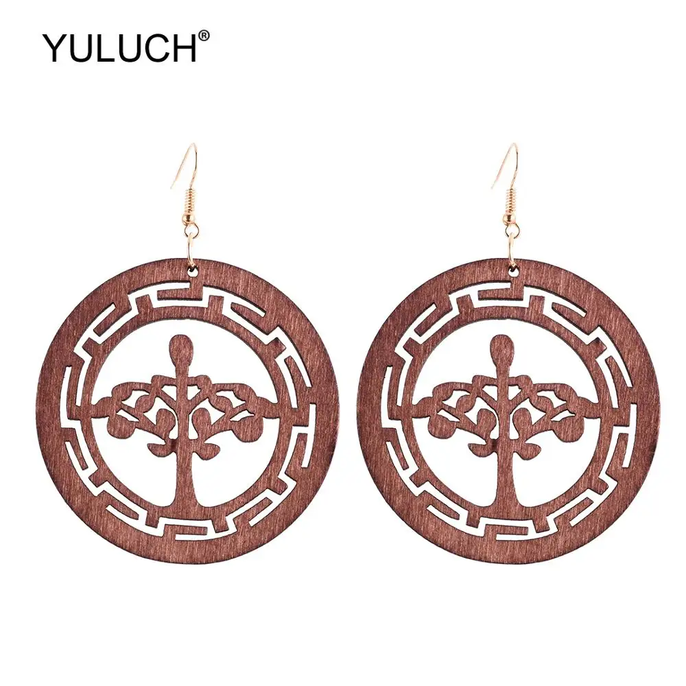 

YULUCH 2019 Ethnic Round Hollow Wood Long Statement Earrings African Personality Jewelry Big Hanging Pendant Earrings For Women