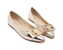 New women’s flat shoes Soft Leather metal buckle Loafers Pointed Toe soft bottom Boat Shoes Glitter solid shoes Flats for women
