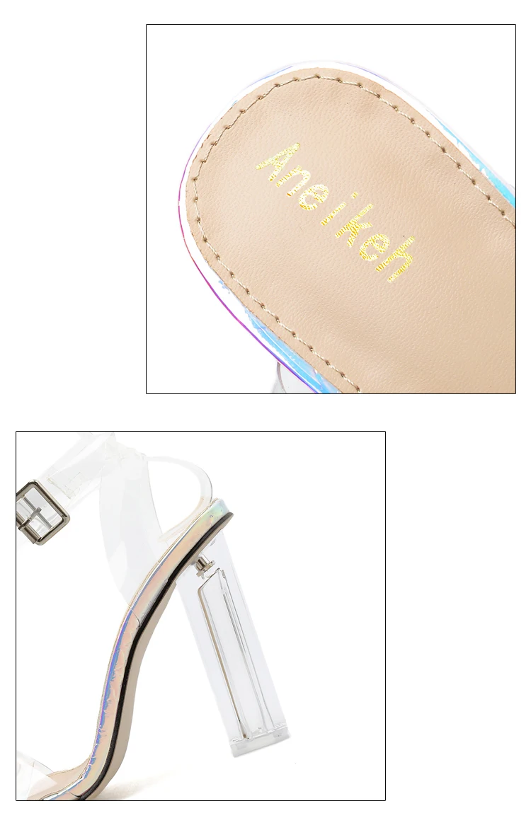 Aneikeh/ г. летние женские босоножки из ПВХ прозрачные свадебные туфли с круглым носком на высоком квадратном каблуке с пряжкой серебристого и синего цвета