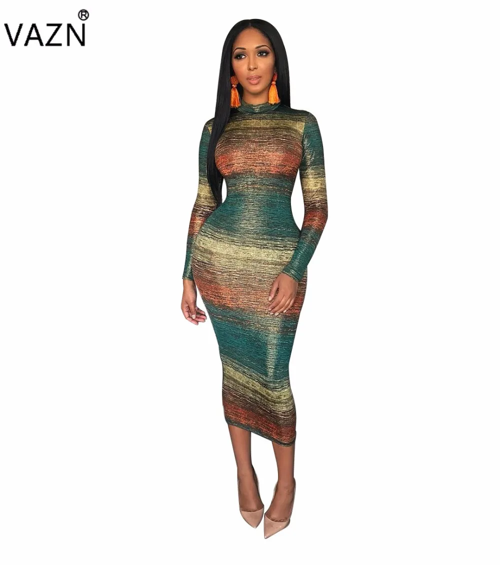 

VAZN 2018 new fashion sexy print bodycon dress women sexy o-neck full sleeve maxi dress ladies hollow out skinny dress SY8289