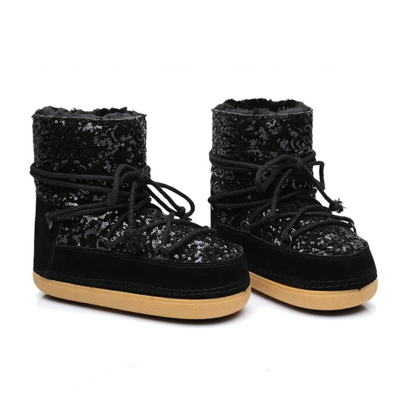 Kickway Algodón Invierno De Plataforma Mujeres Piel Fur Zapatos Bling Nieve Caliente Con Glitter Botas Boots Tela Lentejuelas Gruesa Tobillo khaki Las Black Plana wn7vTn