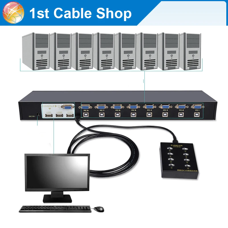 

8-port VGA USB KVM Smart Switch Switcher Manual Key Press VGA USB Wired Remote Extension Switcher 1U Console