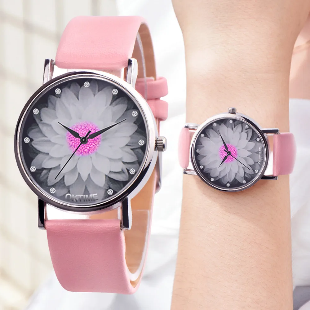 Womens  Flower Casual Leather Analog Quartz Watch  Sexy  Representative of the fashion world Pink girl heart Ultra-thin clock  