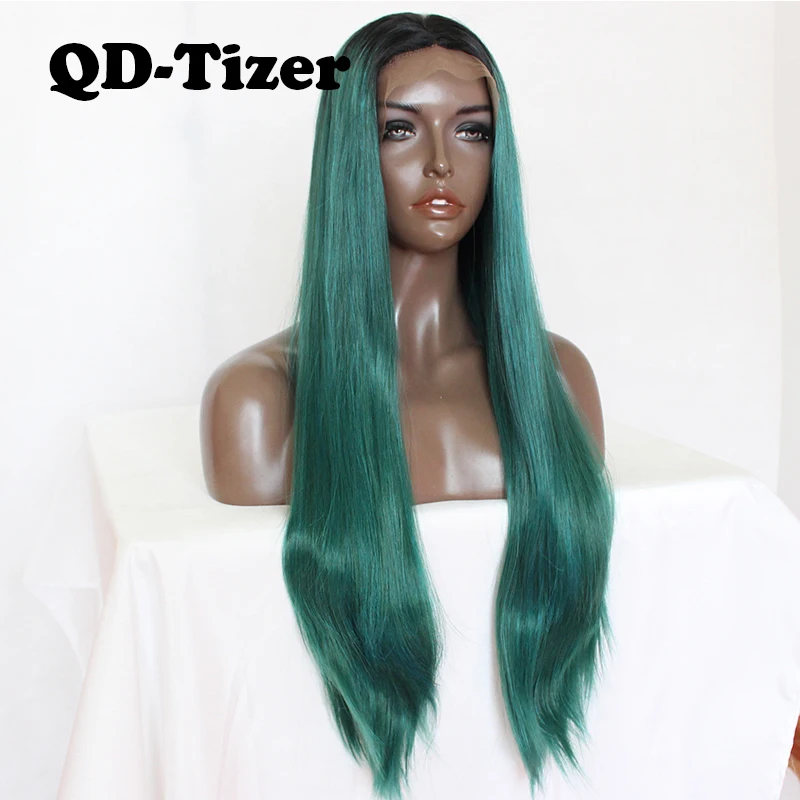 

QD-Tizer Green Straight Synthetic Lace Front Wig Black Ombre 2T Mix Blue Hair Wigs Heat Resistant Fiber Hair Wigs for Women