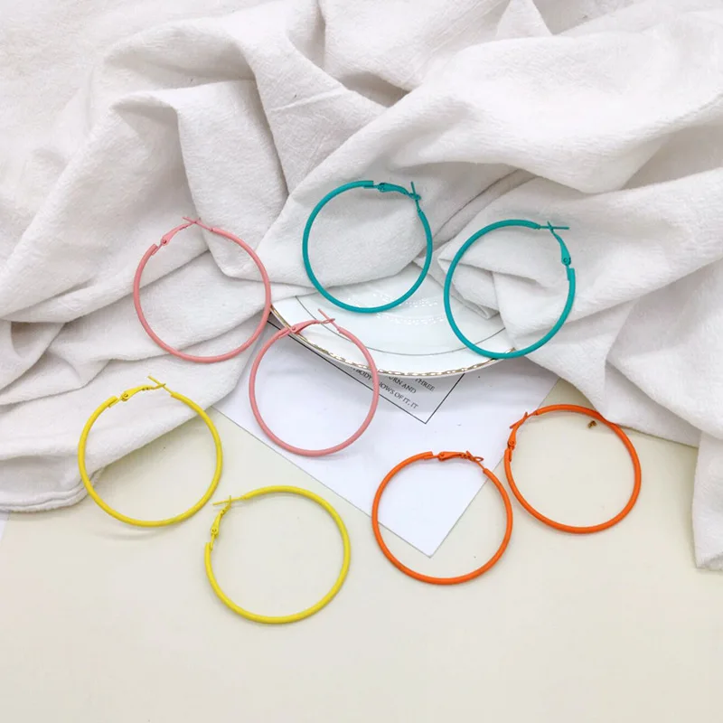 

Korean Japanese Colorful Big Hoop Earrings For Women Lady's Minimalist Statement Earring Hoop Girl's Jewelry Gift