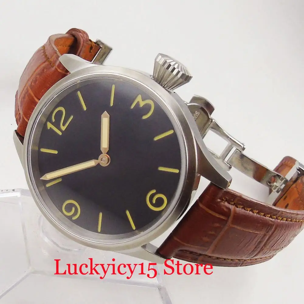 

Simple 43mm Mechanical Hand Winding Men's Watch Sterile Dial Classic Leather Strap Big Crown Brushed Watch Case