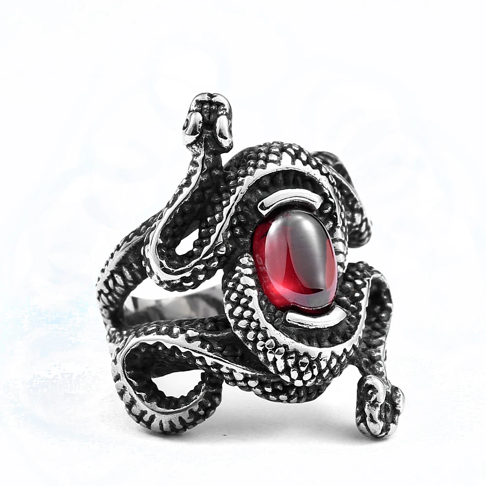 

stainless steel antique Double Head Snake Rings with red stone men women jewelry