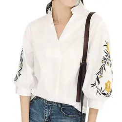 Женская Цветочная английская блузка с вышивкой, мода, v-образный вырез, 3/4 рукав, свободные женские блузки, топы, повседневные свободные