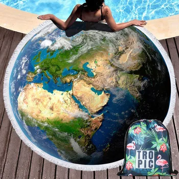 

Earth Bull Head Summer Round Beach Towel Microfiber with Drawstring Backpack Bag Shower Towels Yoga Mat Blanket with Tassels