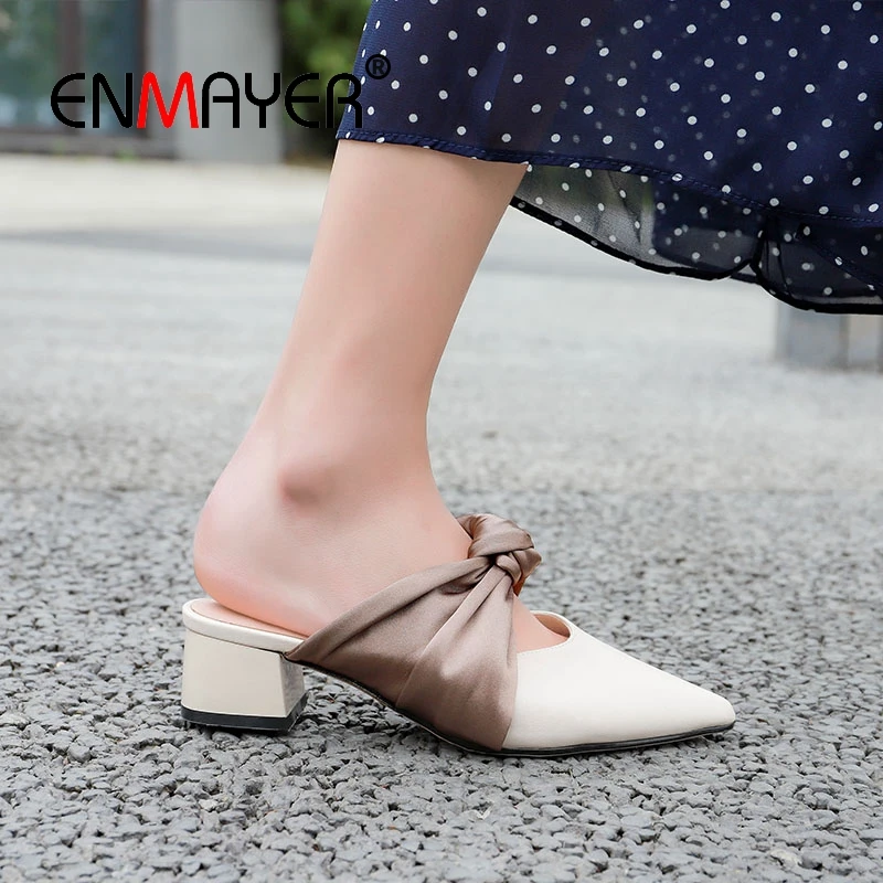 

ENMAYER 2019 Genuine Leather basic women med high slippers Genuine Leather Solid Spring/Autumn Outside shoes size 34-39 LY2432