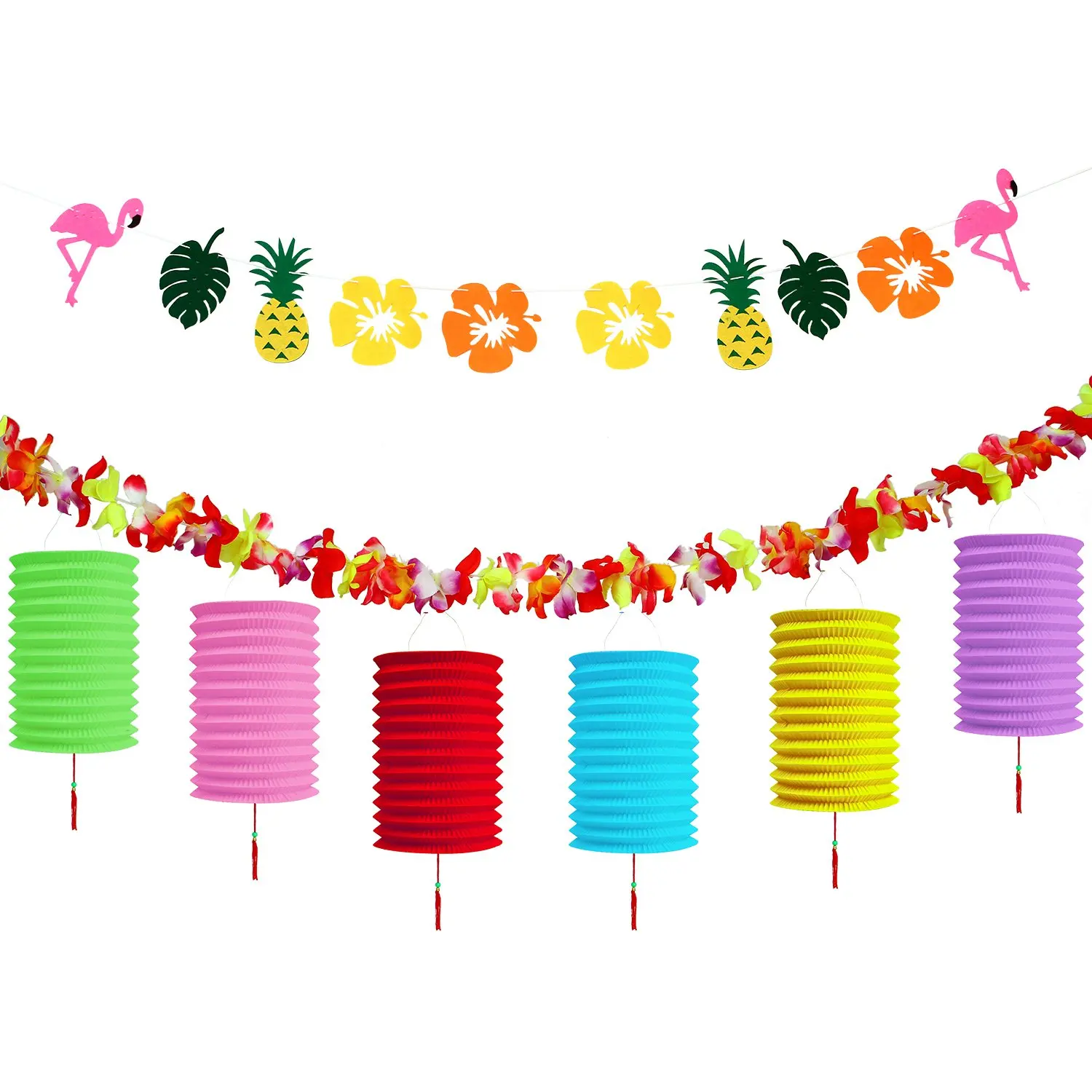 

METABLE 1SET Hawaiian Summer Luau Beach Party Flower and Lantern Garland Tropical Hibiscus Flowers Flamingo Summer Pool Supplies