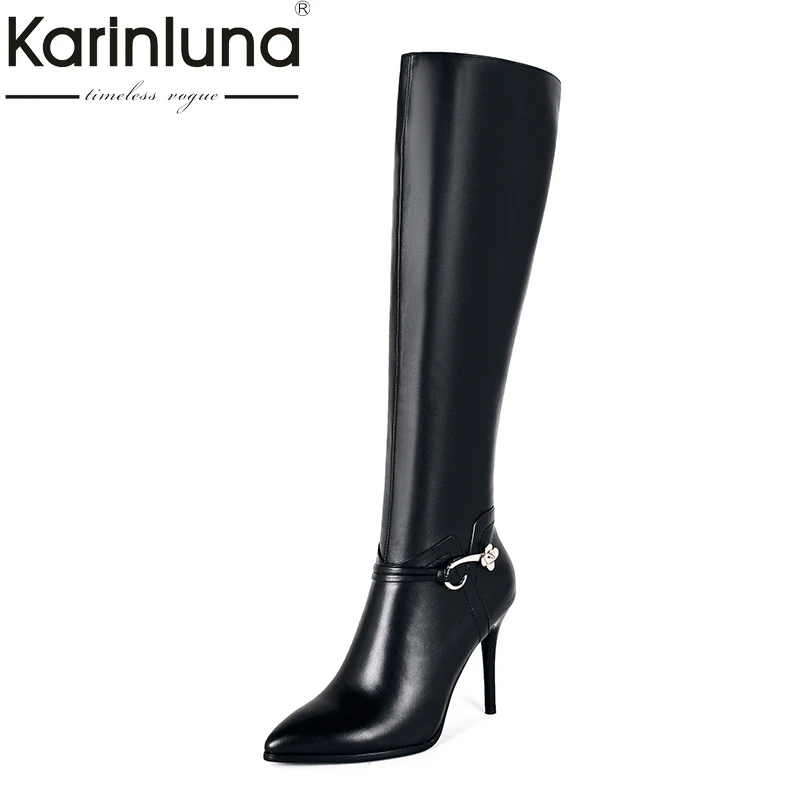 

KARINLUNA 2018 Large Size 33-43 Genuine Leather Pointed Toe Winter Shoes Woman Sexy Thin High Heels Party Boots Black