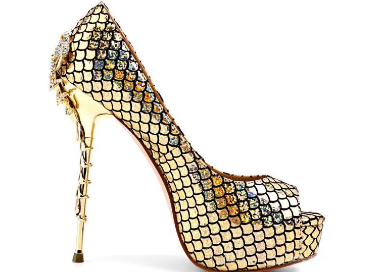 

2019 autumn newest Genuine leather Shoes women metal thin heel peep toe pumps stilettos gold leather platform party heels 34-42