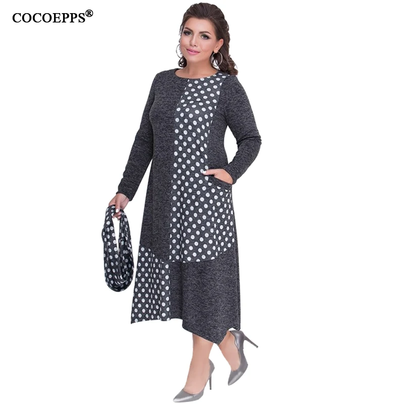 

COCOEPPS 5XL 6XL Plus Size Women Winter Dress Polka Dot Big Size Dresses Warm Autumn Casual Office Elegant Long Sleeve Vestidos