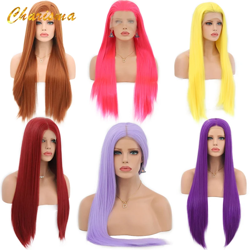 Goede Charisma Lange Blonde Cosplay Pruik Zijdeachtige Rechte Synthetische Lace Front Pruiken voor Vrouwen 10 Kleur Roze Zwart Grijs Met Baby haar