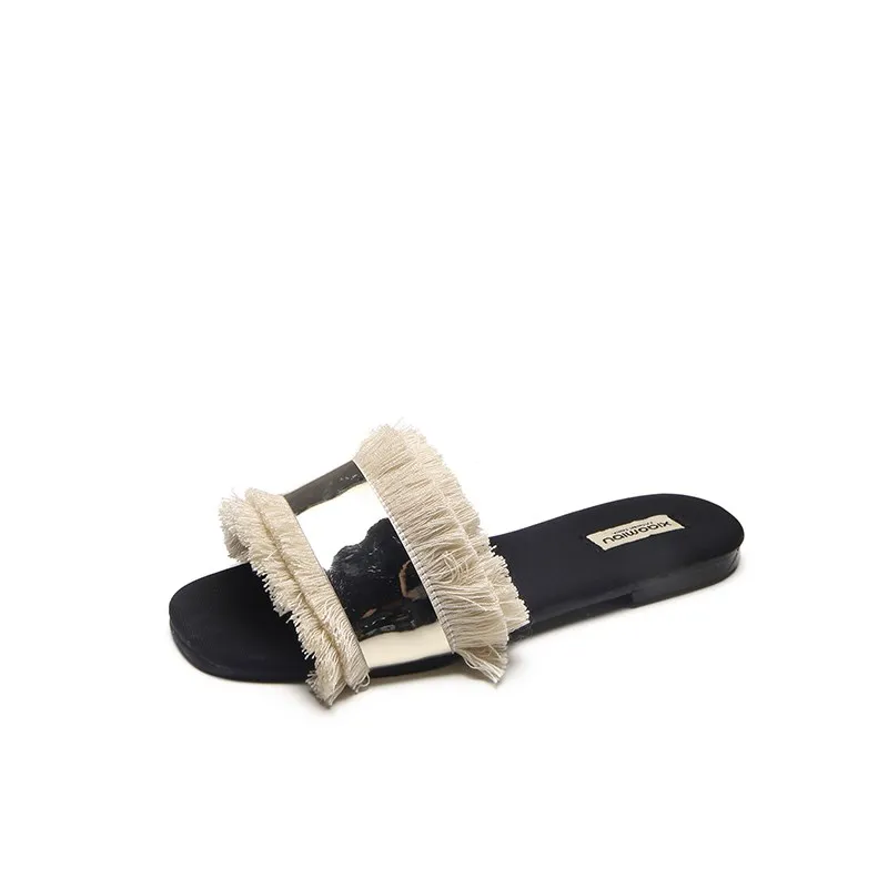 

2018 Women Slippers Fashion Metal Bling Slides Fur Fringe Flip Flops Summer Flat Slides Outside Ladies Shoes