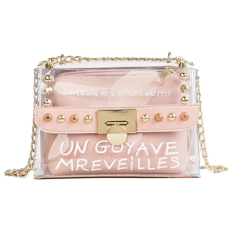 New HandbagPVC Transparent Women bag Sweet Printed Letter Square Phone bag Chain Shoulder bag