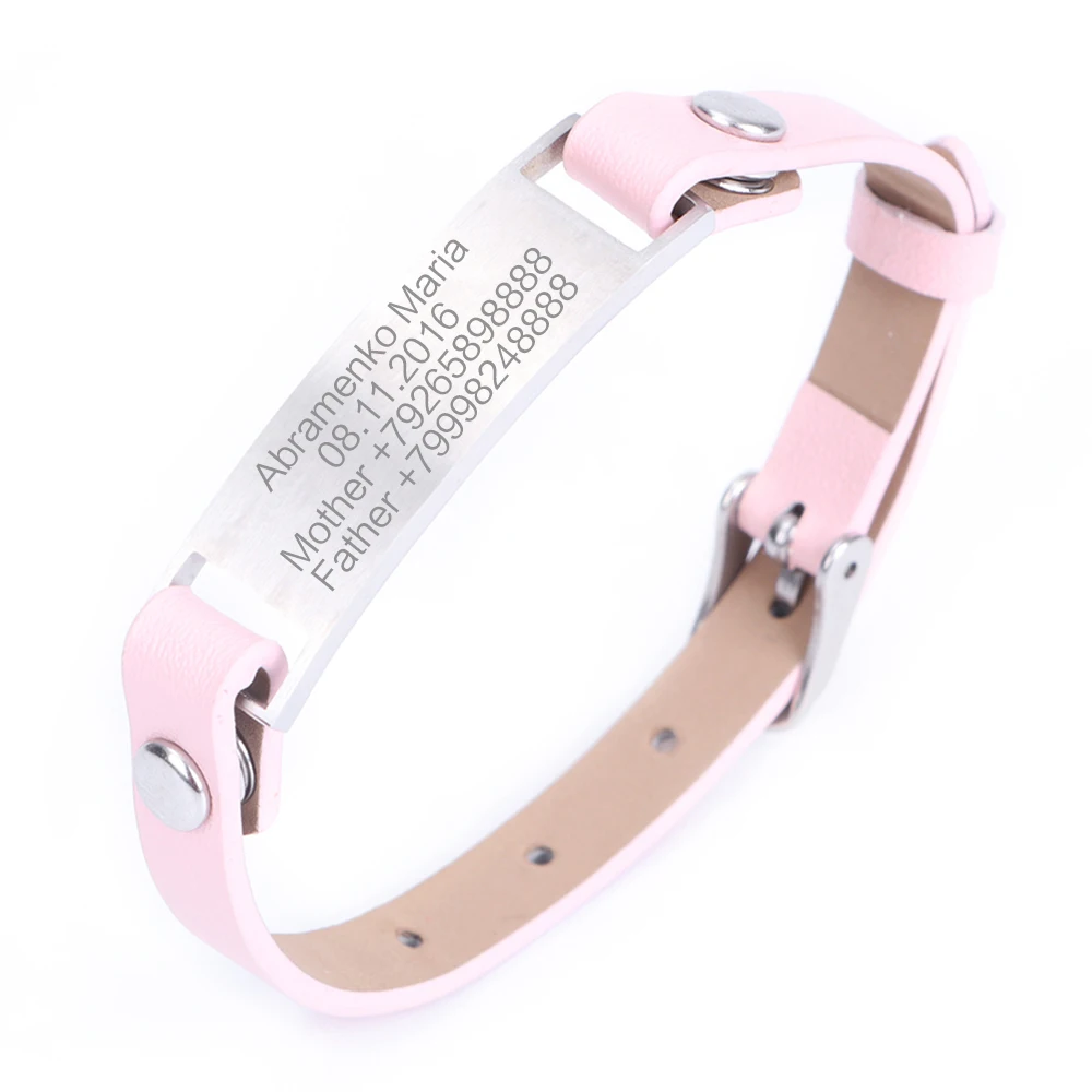 Персонализированная женская кожаная одежда ID браслет подарок надпись имя браслеты детские ювелирные изделия на заказ Выгравированный браслет из нержавеющей стали