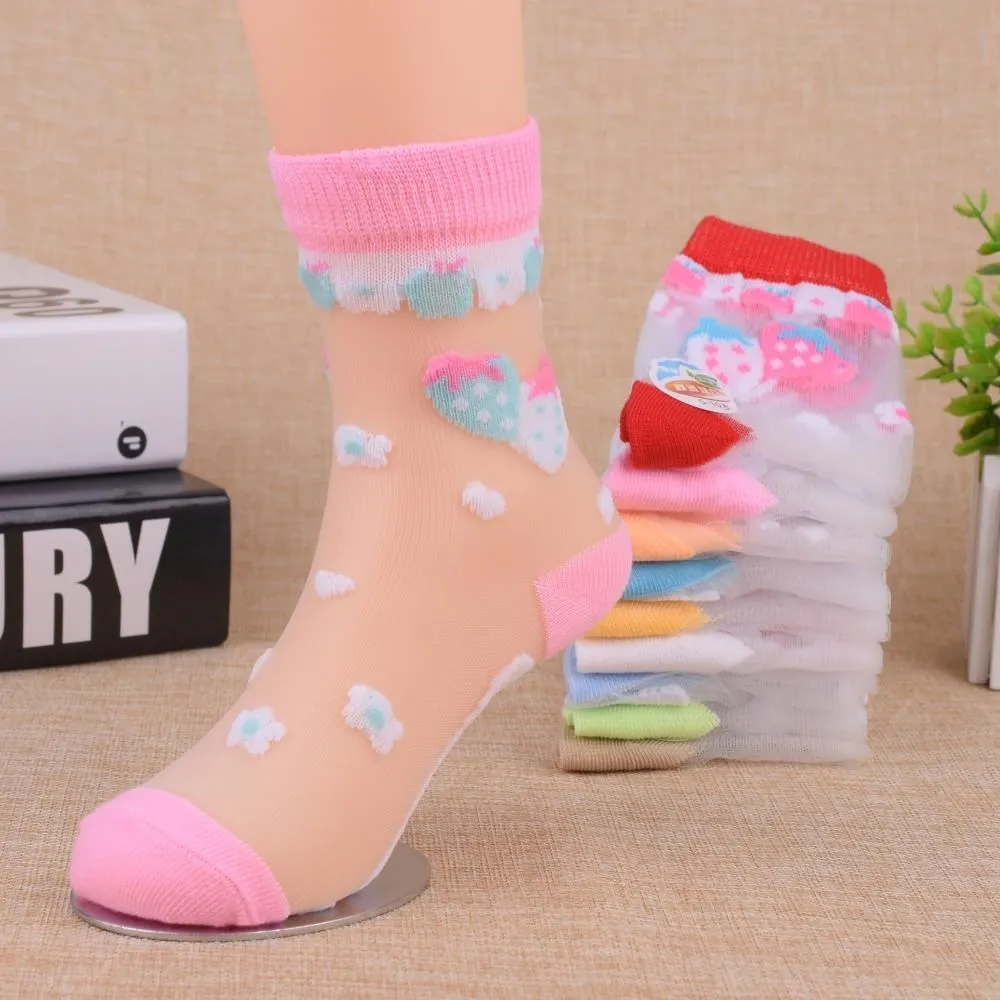 

6 Pairs/Lot Summer Girls Socks Ultra-thin Breathable Style Crystal Baby Kids Socks Trendy Elastic Printed Silk Children Socks