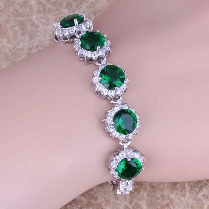 

Marvelous Green Cubic Zirconia White CZ 925 Sterling Silver Link Chain Bracelet 7 inch S0622