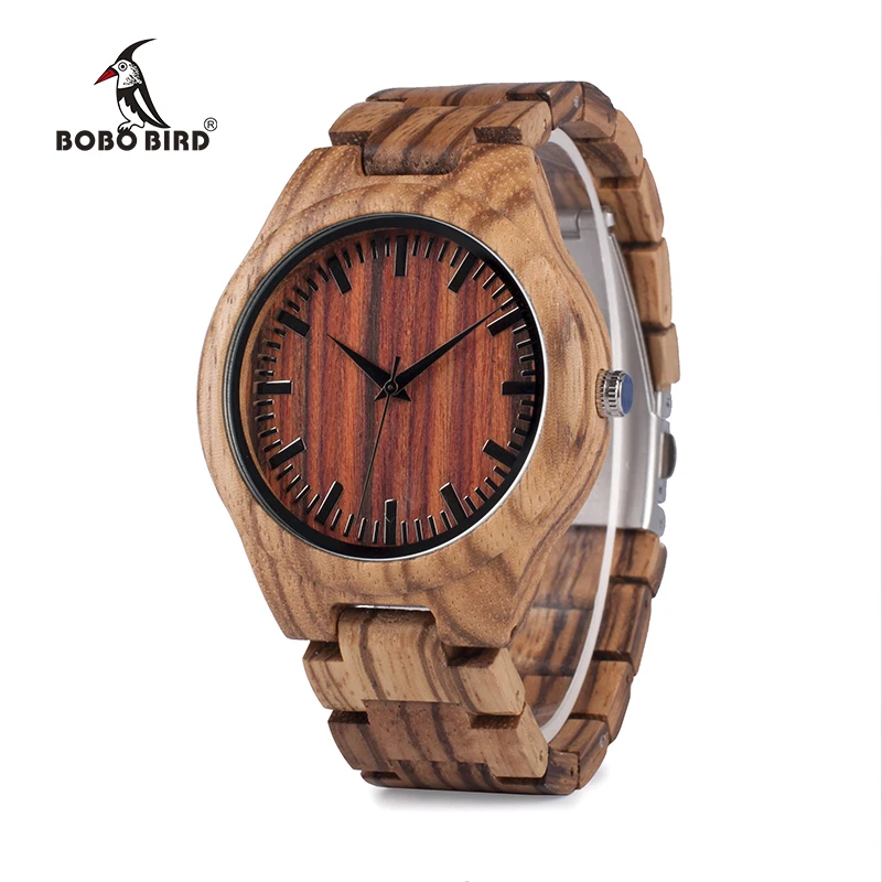 BOBO BIRD V-K27 Zebra Wooden Wristwatch Mens Brand Design Red Wooden Dial Quartz Watch Wood/Leather Strap Available in Gift Box