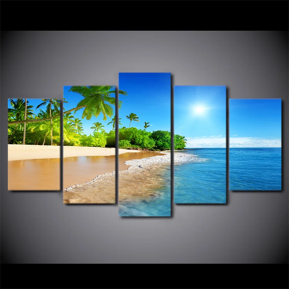 

Wall Art Decor Living Room Framework 5 Pieces Sea Water Palm Trees Sunshine Seascape Modular Paintings Canvas Pictures HD Prints