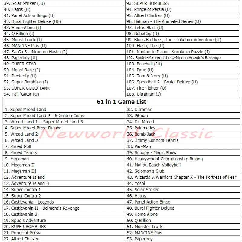 108 в 1 или 61 в 1 видеоигры сборная карта картриджа для английского языка 16 бит портативная консоль