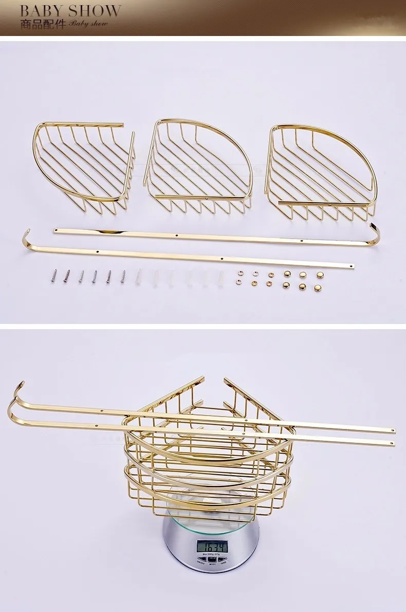 Полки для ванной комнаты, 3 уровня, металлическая Золотая настенная полка для душа, угловая корзина, полка для хранения шампуня, аксессуары для ванной, крючки для полотенец, OG-8617