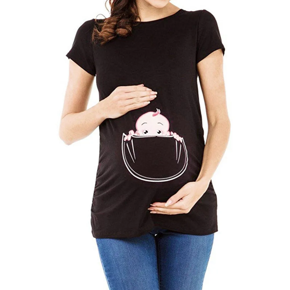 Женская Футболка для беременных с карманом и принтом; футболка; Одежда для беременных; женская одежда; Одежда для беременных; vestidos