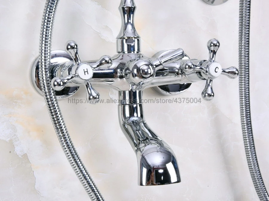 Bathtub Faucet Chrome Wall Mounted Rain Shower Faucet Round Handheld 2 Handle Luxury Bathroom Mixer Tap Set Nna227