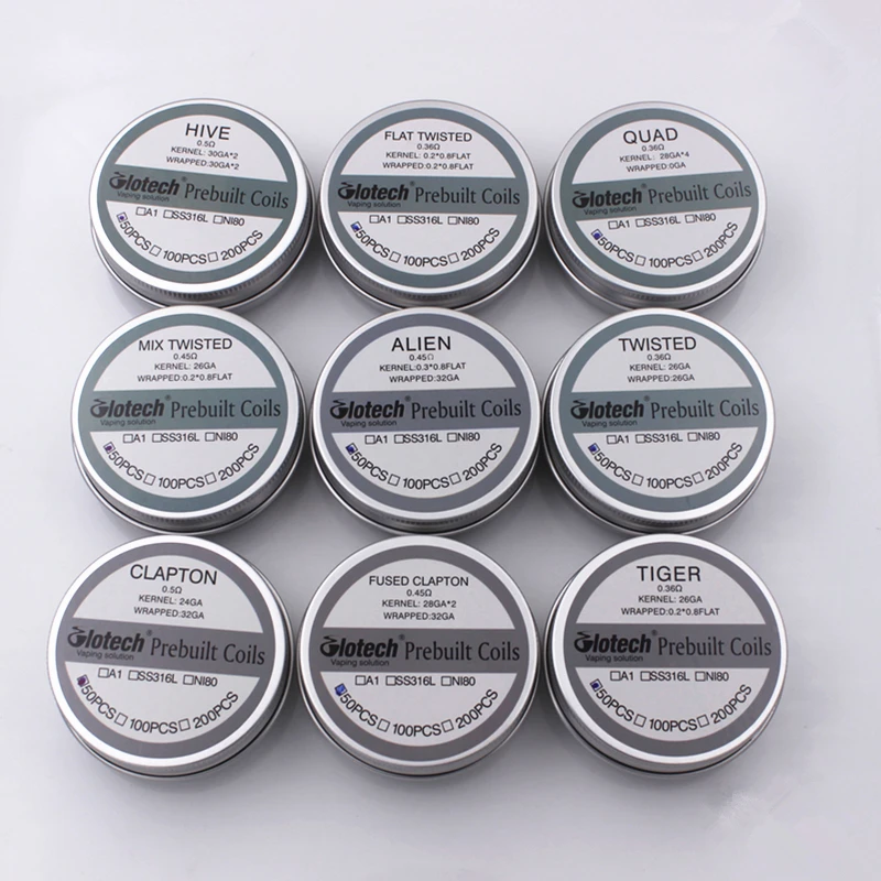 Glotech 50pcs A1 316L Alien Tiger Fused Clapton Premade Coils Hive Twisted Mixed Twisted Prebuilt Coil for DIY RDA RBA Atomizer Glotech 50pcs A1 316L Alien Tiger Fused Clapton Premade Coils Hive Twisted Mixed Twisted Prebuilt Coil for DIY RDA RBA Atomizer