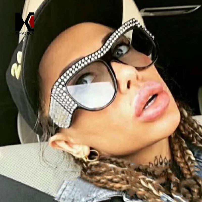 

SHAUNA Luxury Crystal Decoration Women Cat Eye Sunglasses Oversize Men Gradient Lens Shades UV400