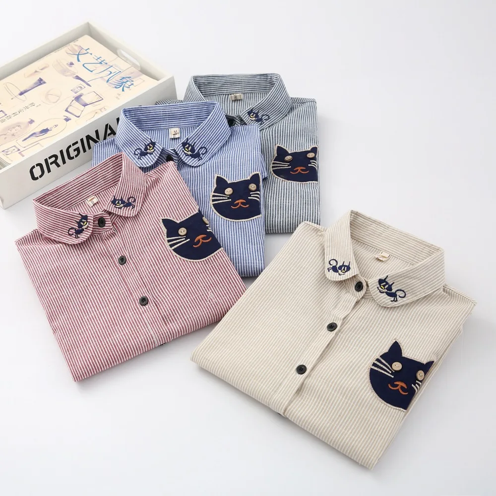 Spring New Collection Cotton Blouse Long Sleeve Striped Shirt With Cat Embroidered | Женская одежда