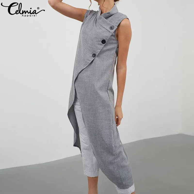 

Celmia Vintage Women's Blouse Asymmetrical Tops 2019 Summer Sleeveless Buttons Casual Loose Split Long Shirts Plus Size Blusas