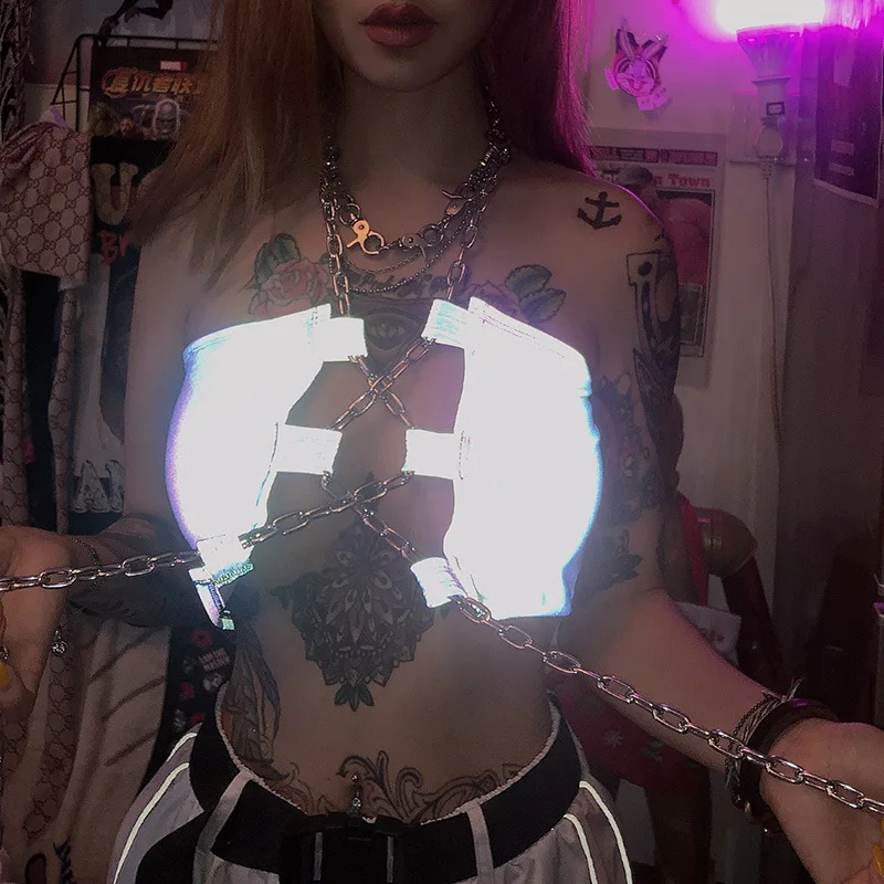 

Punk Rock Reflective Metal Chain Hollow Out Patchwork Backless Tank Tops Sleeveless Halter Slim Crop Tops Summer Sexy Women Tops
