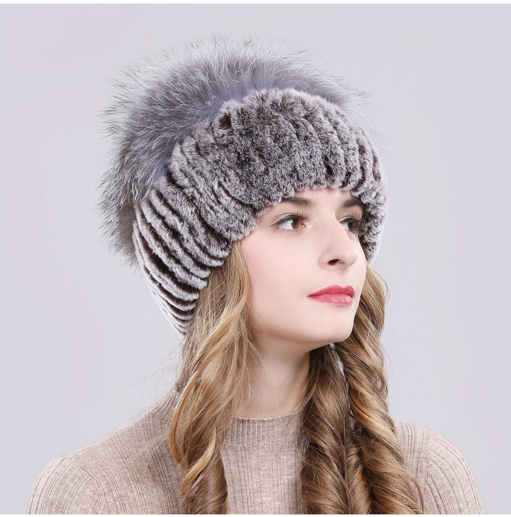 Outdoor Women Warm Soft Genuine Rex Rabbit Fur Hat Knitted Natural Real Sliver Fox Fur Caps Winter Real Rabbit Fur Beanies Hats