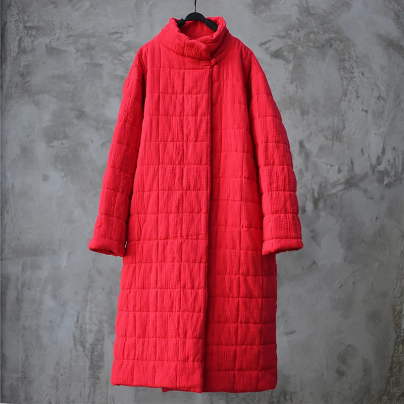 Johnature 2018 Autumn Winter Solid Color Women Parkas Coats New Loose Stand Collar Vintage Cotton Linen Long Section Coats