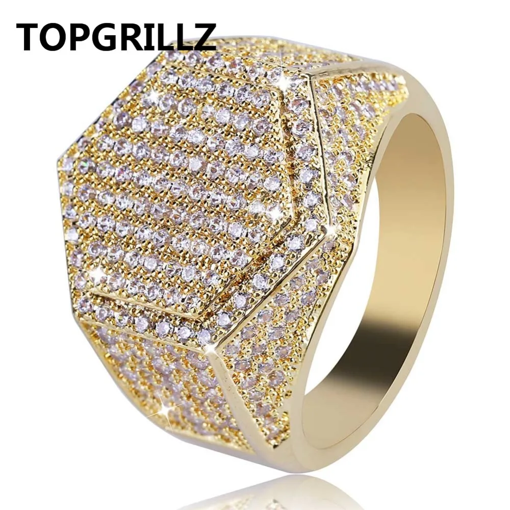 Offerte TOPGRILLZ Hip Hop di Modo Anelli di Rame Oro Argento Colore Ghiacciato Fuori Bling Micro Pavimenta Zircone Cubico Anello Geometria Pendenti e Ciondoli Per uomini
