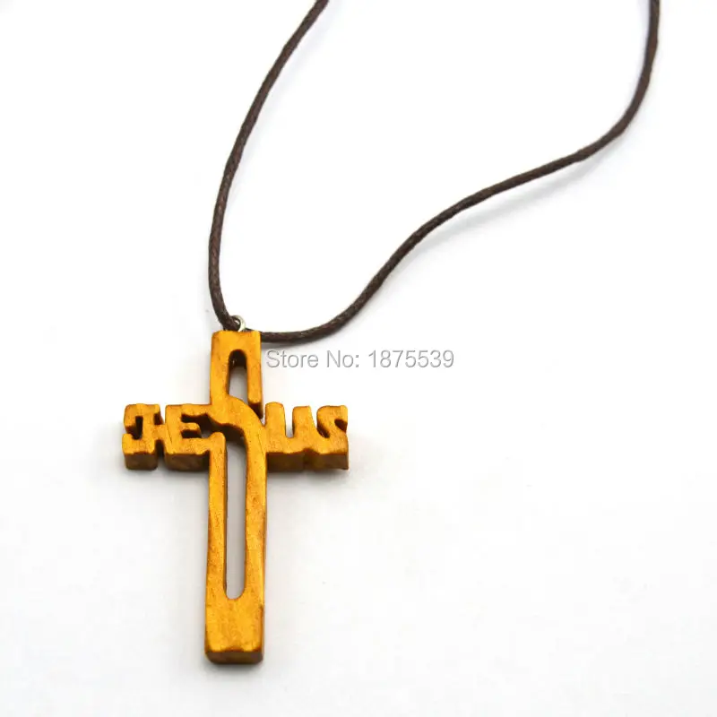 Fashion religious necklace carved wood JESUS cross pendant with wax