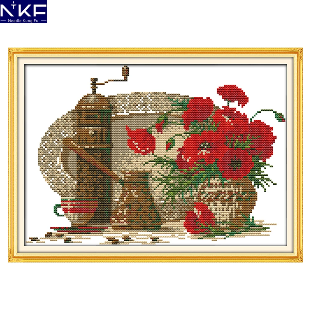 

NKF Teacup and Poppy Stamped Cross Stitch Patterns Embroidery Needlework Set 11CT14CT Chinese Cross Stitch Kits for Home Decor