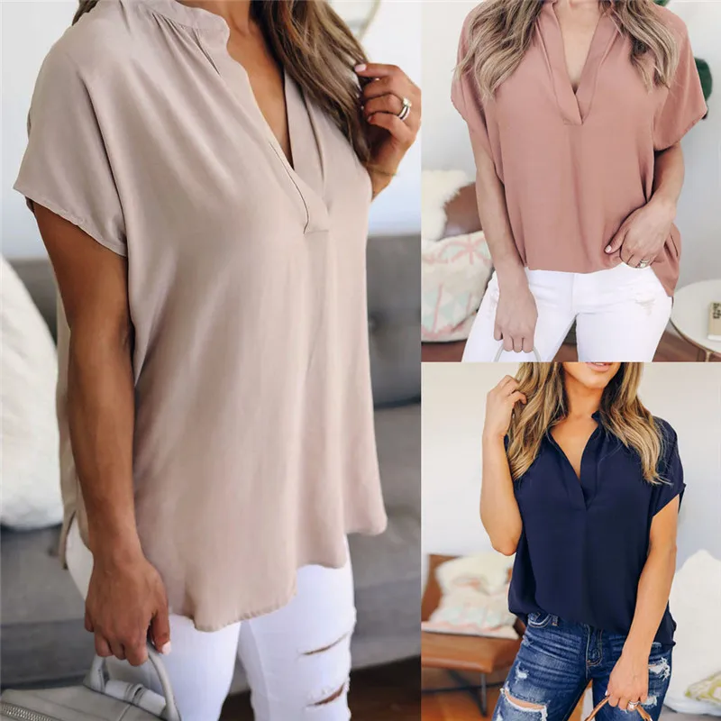

2019 Summer Tops Women's Blouse 2019 Ladies Chiffon V-Neck Solid Short Sleeve Casual Tops Shirt Summer Tops For Women