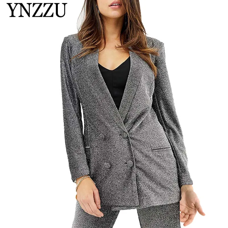YNZZU Chic 2019 весна блейзер для женщин средней длины Щепка серый дамы Блейзер двубортный с длинным рукавом краткое женский пиджак YO764