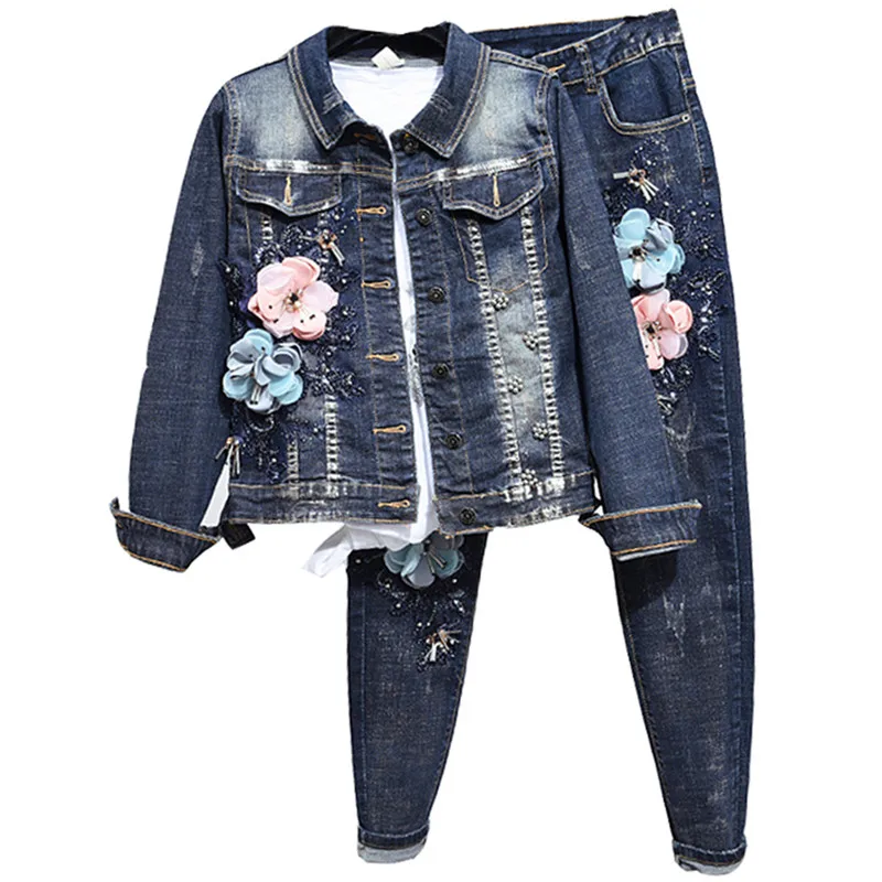 

Long Sleeve Jeans Pants+Denim Jackets Coat Suits Women Sequined Tracksuit 2 Piece Sets Flowers Beading Pattern Casual Sportswear
