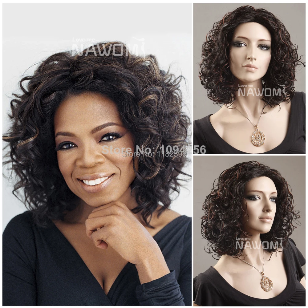 Orintal 2014 fashion Oprah wigs dark brown curly short synthetic wigs