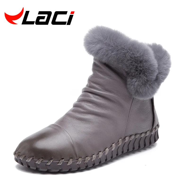 2016 Women Shoes Genuine Leather Boots Handmade Vintage Style Ankle zip Fashion soft winter rabbit fur