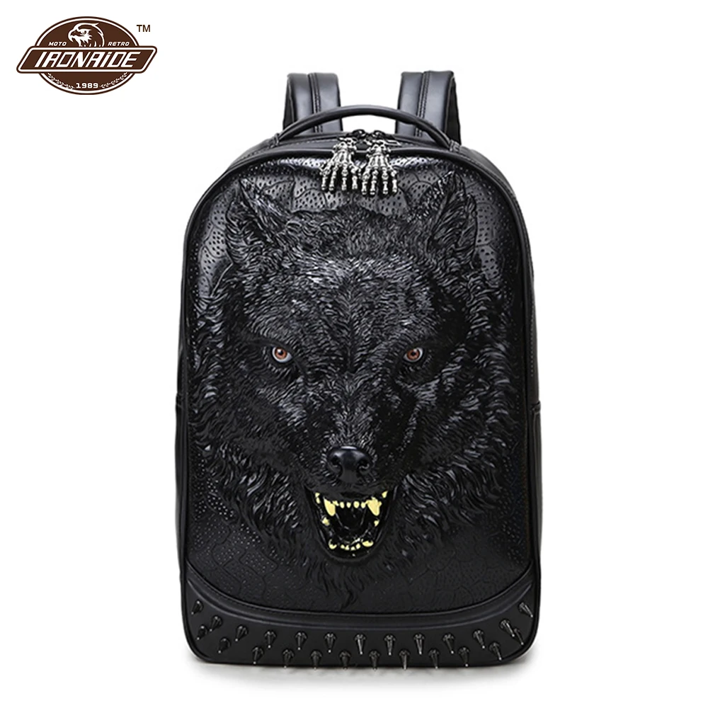 

Motorcycle Backpack 3D Wolf Head Motorcycle Bag PU Leather Shoulder Bag Unisex Casual Backpack Rock Rivet Knapsack Punk Bag