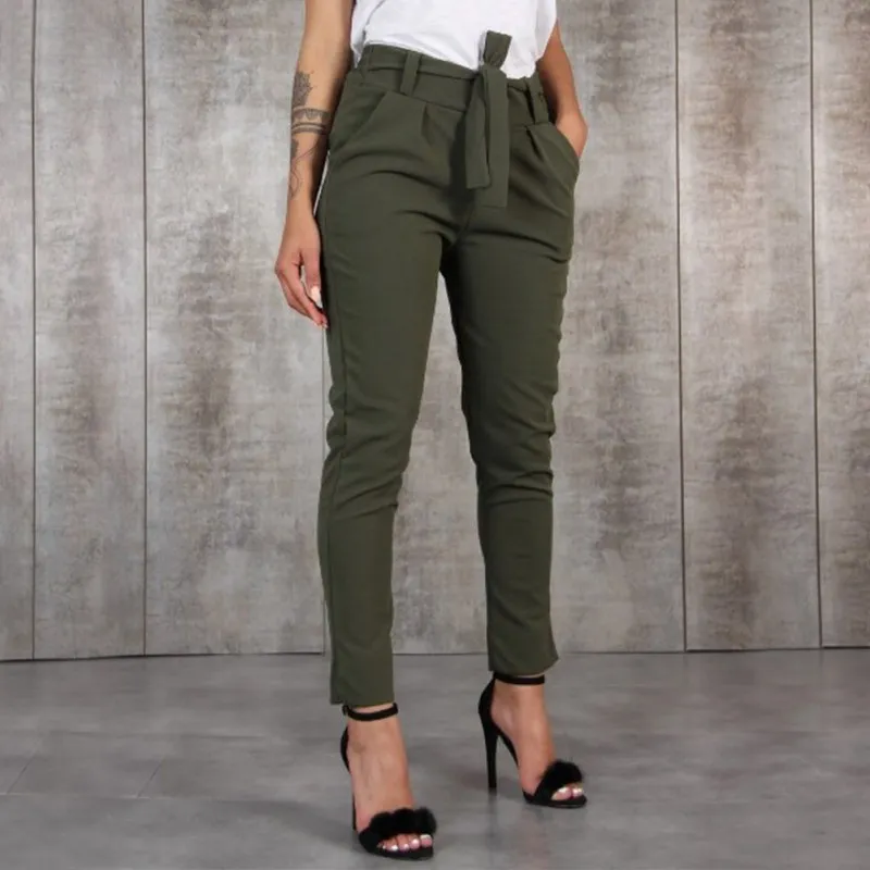 

Women Wild Summer Cotton Casual Stretch Sashes Ankle-Length Trousers Elastic Mid Waist Loose Straight Pencil Pants with Belt