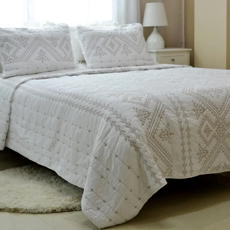 Chausub French Washed Cotton Quilt Set 3pcs Luxury White Coverlet