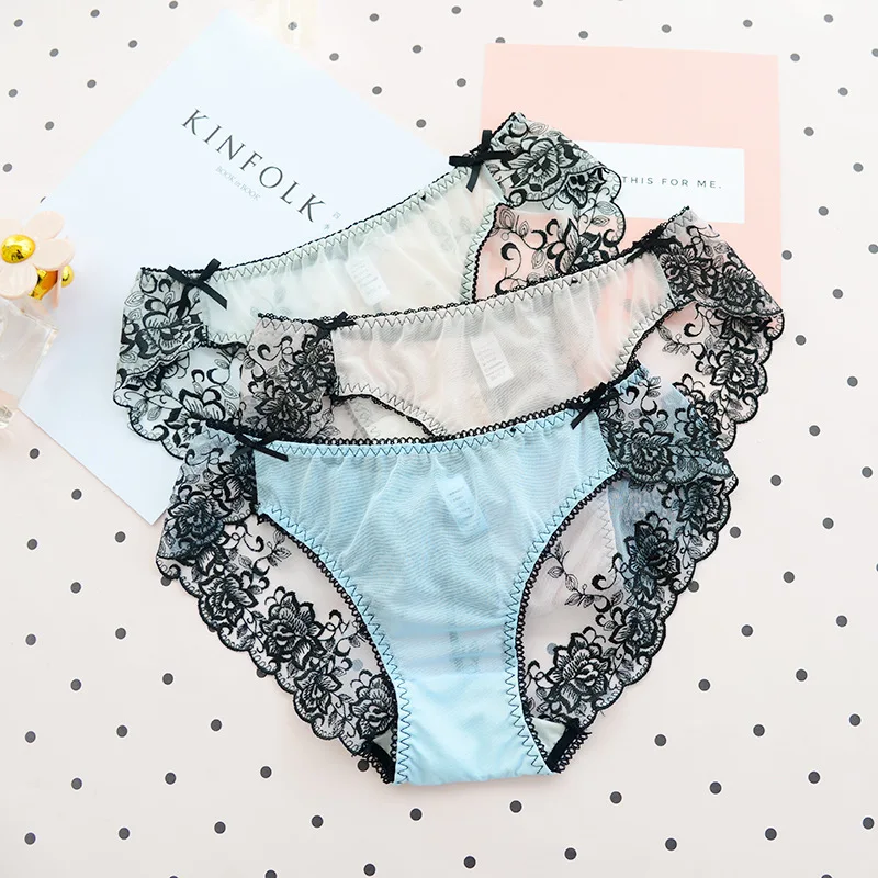 DERUILADY Lace Embroidery Transparent Panties Seamless Lace Sexy Net Yarn Panties Low waist within Temptation Underwear Women
