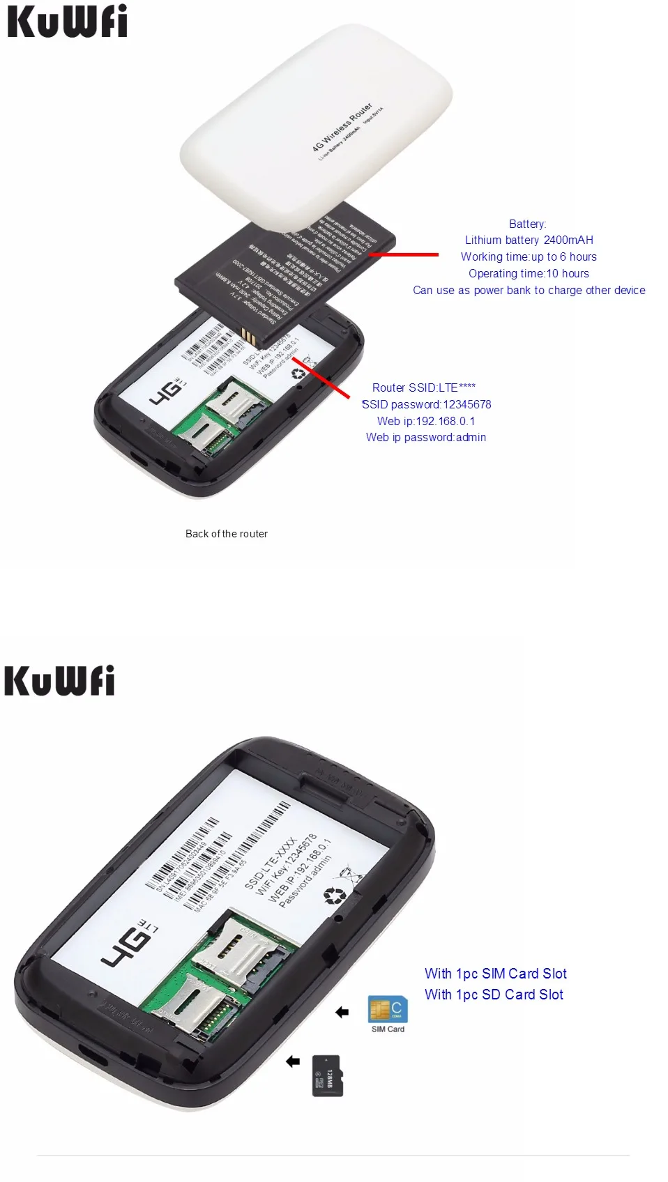 KuWFi разблокированный 4G LTE беспроводной маршрутизатор 150 Мбит/с вне путешествия Wi-Fi маршрутизатор 3g/4 г мобильный Wifi точка доступа поддержка LTE FDD B1/B3/B5